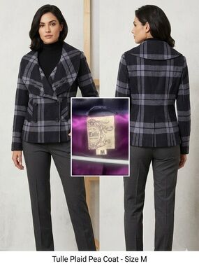 Tulle Black and purple Plaid Double-Breasted Pea Coat